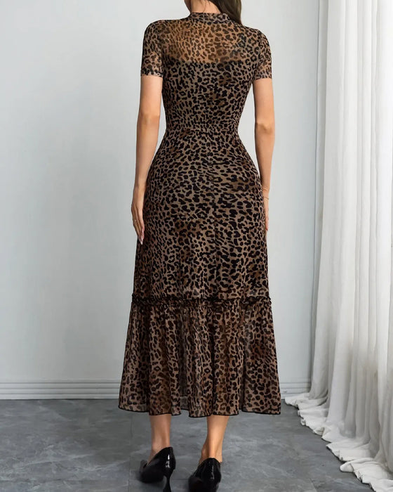 Jurk Luipaard Mock Hals Mesh Midi