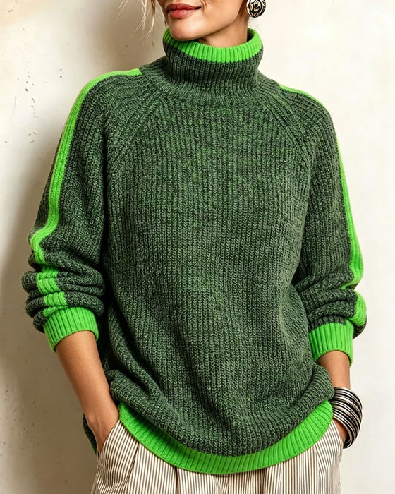 Pullover Turtleneck Contrast Raglan Mouw