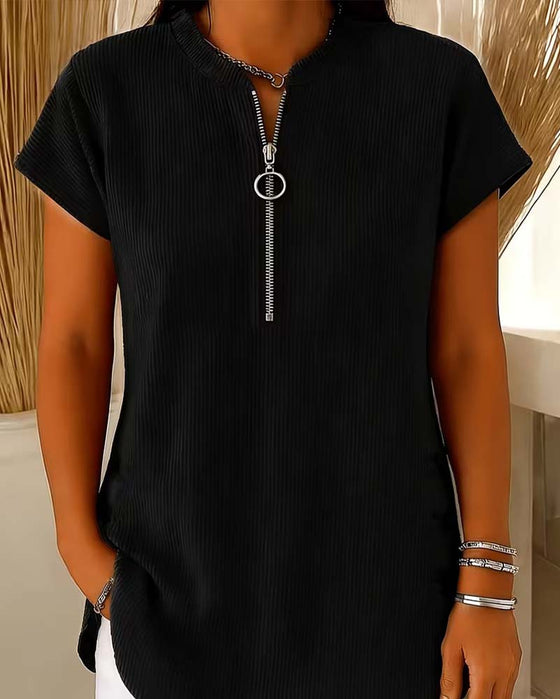 Blouse Effen Korte Mouw Rits