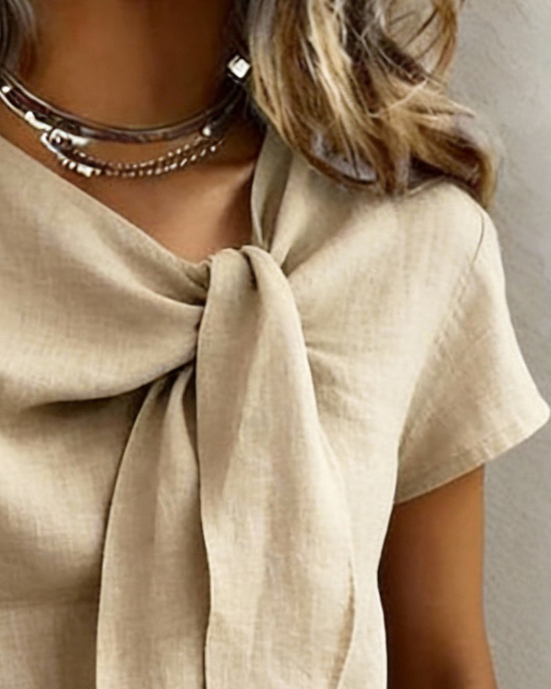 Blouse Linnen-Mix V-Hals Korte Mouw Casual