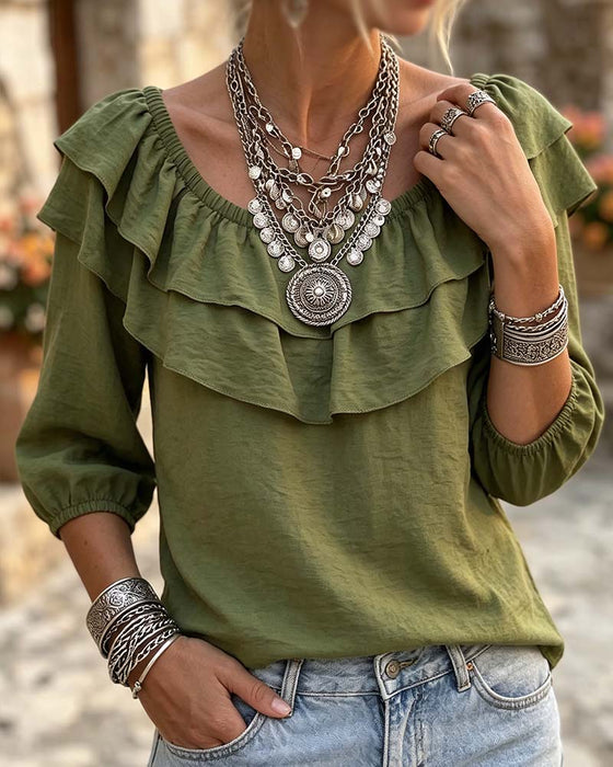 Blouse Dubbele Laag Ruffle Driekwart Mouw