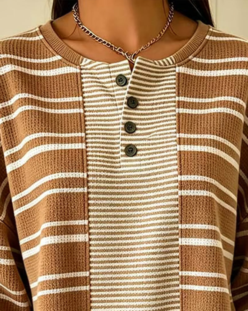 Sweatshirt Gestreept Patchwork Lange Mouw Henley