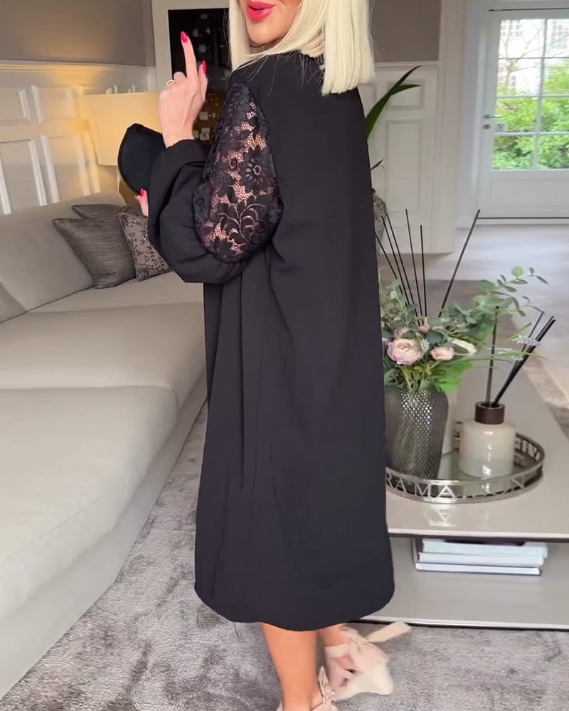 Elegante jurk met V-hals kanten holle en lange mouw