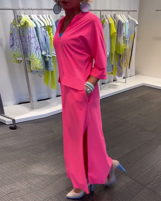 Effen jurk met split en V-hals