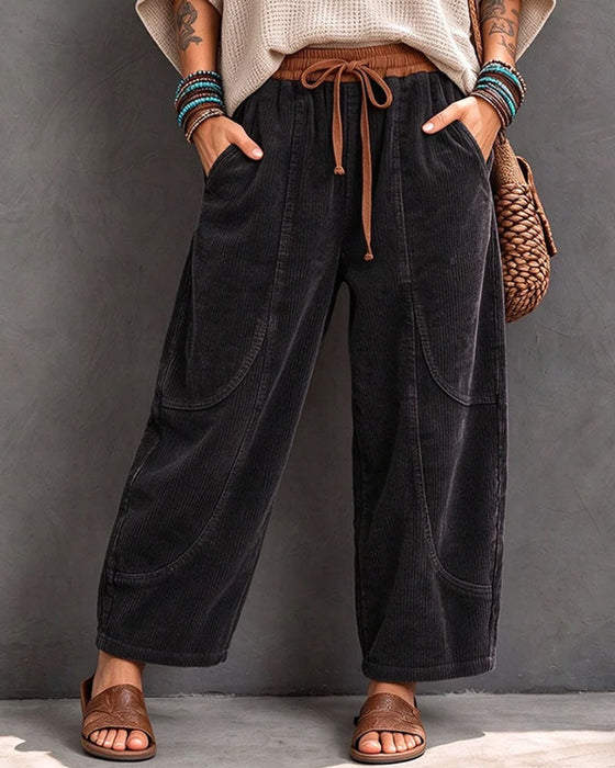 Broek Elastische Taille Kleurblok Cropped Wijd Been