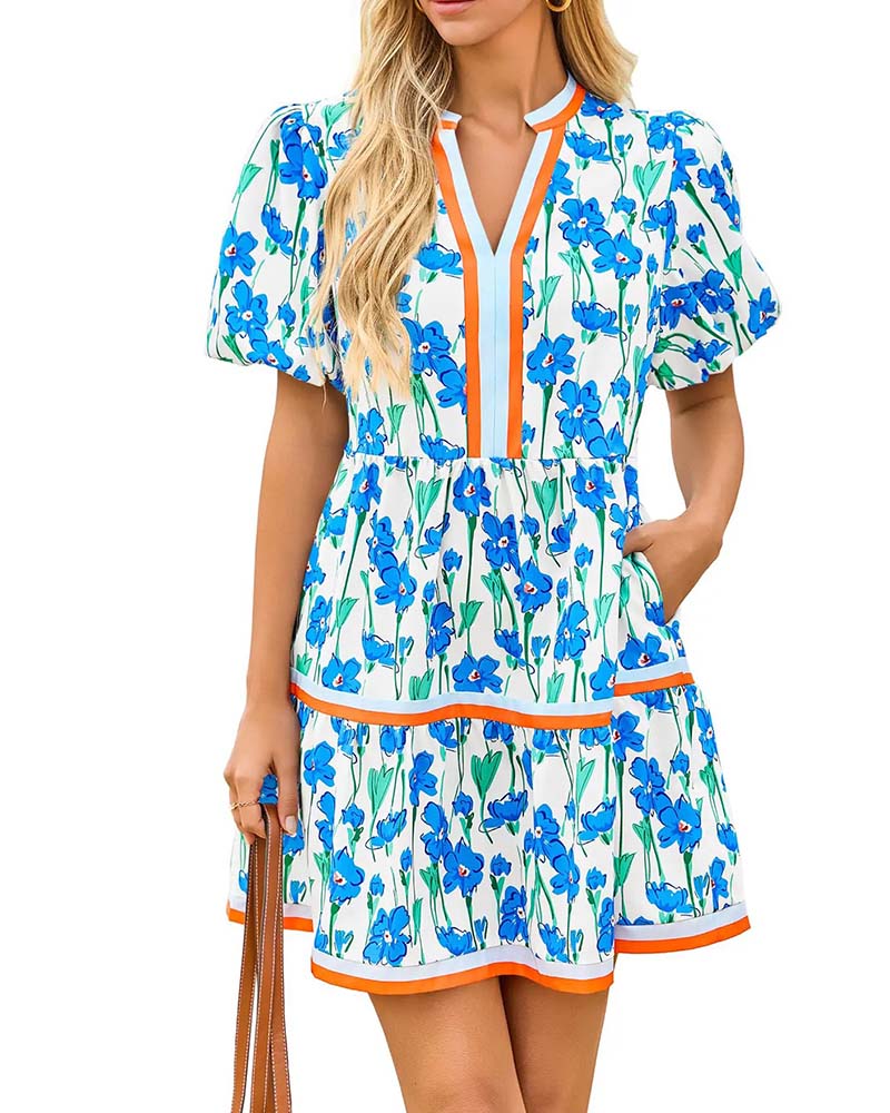 Jurk V-Hals Bloemen Ballon Mouw Patchwork