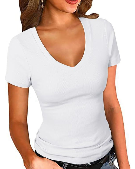 T-Shirt Geribbeld Slim Fit V-Hals Korte Mouw