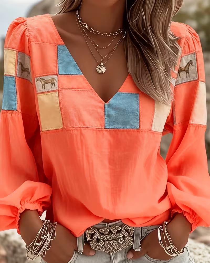 Blouse V-Hals Contrast Print