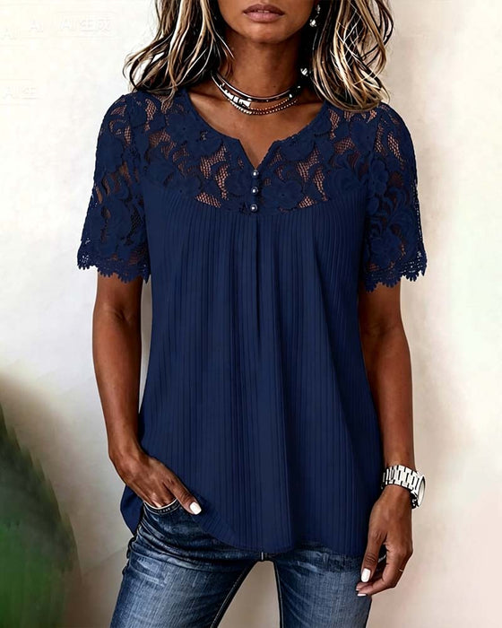 Blouse Kant Patchwork Korte Mouw