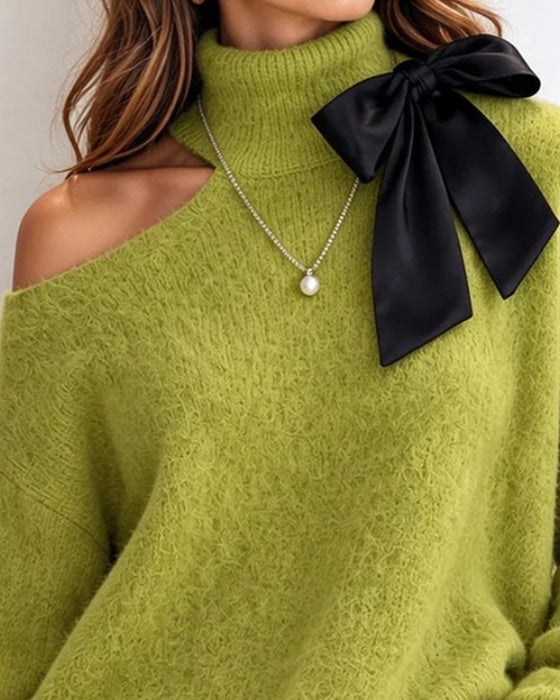 Pullover Turtleneck Strik Off-Shoulder Kant Patchwork