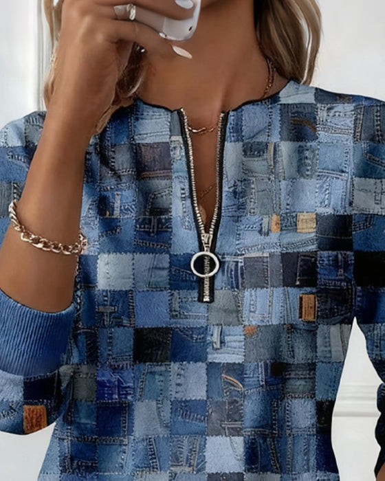 Sweatshirt Met Halve Rits Kraag Ruitjesprint