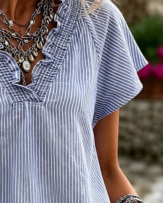 Blouse V-Hals Streep Ruffle