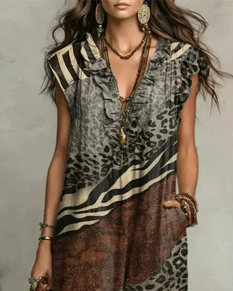 Jurk V-Hals Ruche Patroon Patchwork