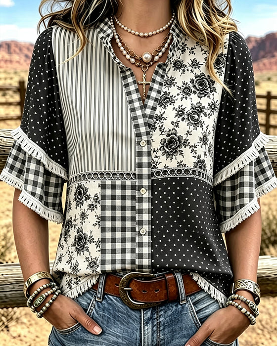 Blouse Mandarin Kraag Polka Dot Ruit