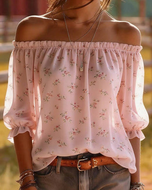 Blouse Off-Shoulder Bloemen Driekwart Mouw