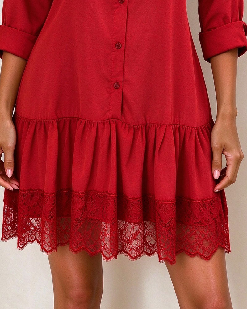 Jurk Staande Kraag Patchwork Kantrand