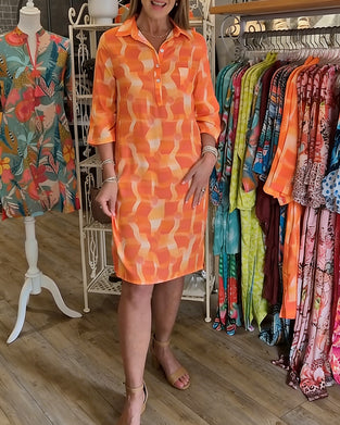 Jurk Driekwart Mouw Met Kraag Geometrische Print