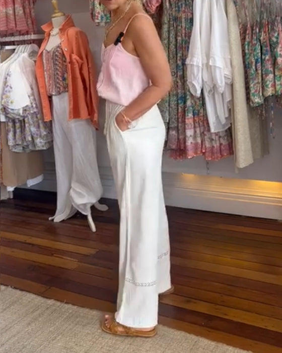 Effen kleur, comfortabele broek met wijde pijpen en zakken