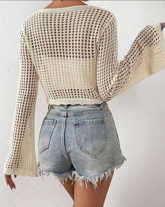 Cardigan Eenvoudig Effen Hol Uit Strand