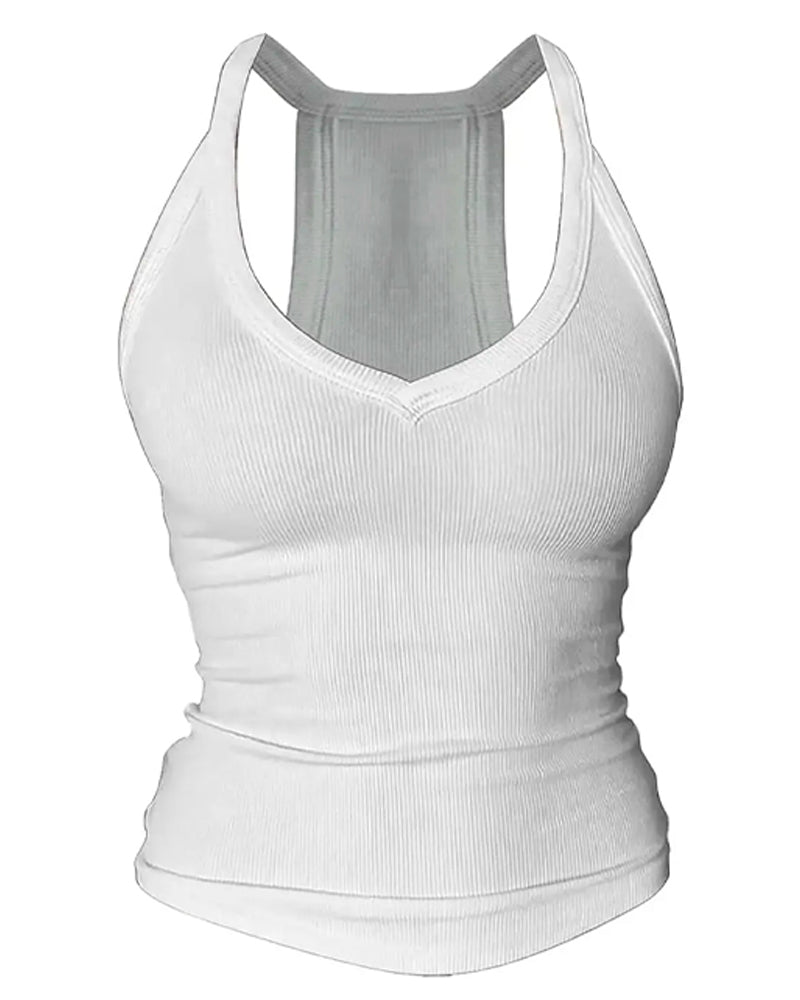 Cami Top Ingebouwde Bh V-Hals Geribbeld Spaghettibandjes