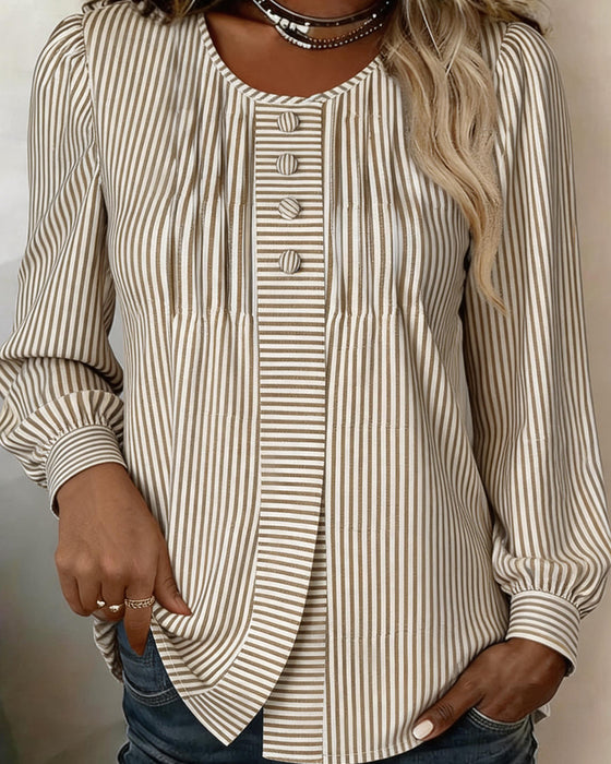 Blouse Ronde Hals Knoop Voor Streep Pofmouw