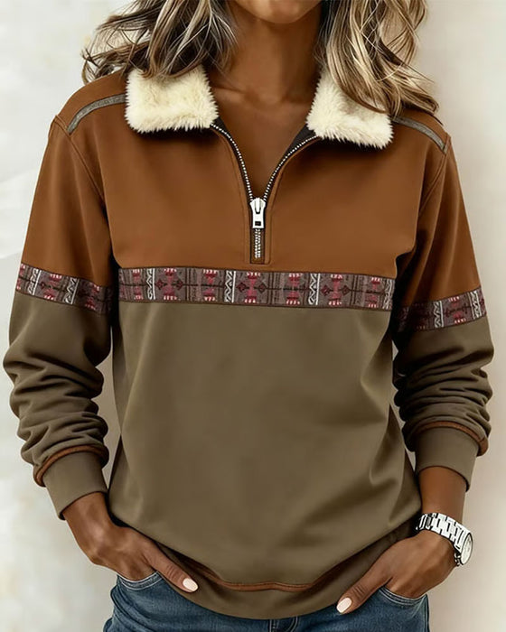 Sweatshirt Fleece Kleurblok Halfritsen