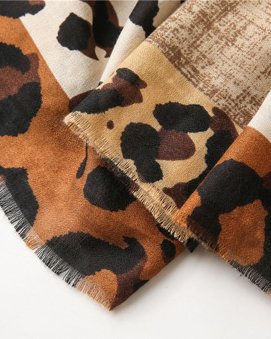 Dames Sjaal Luipaard Patchwork Print Franje Omslagdoek