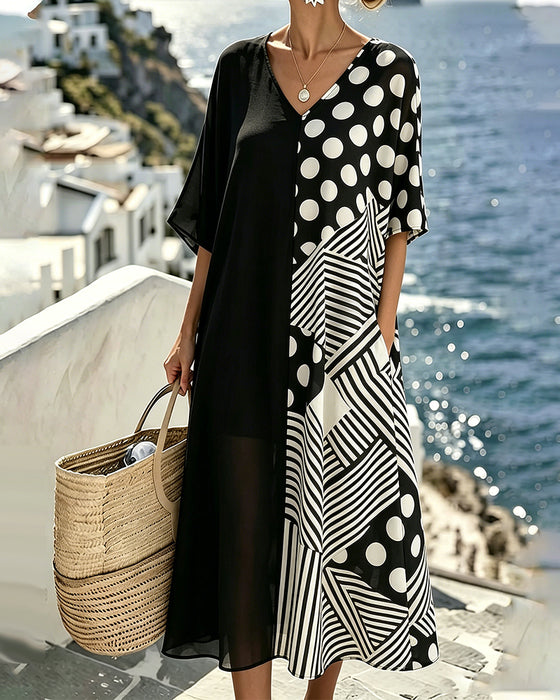 Jurk V-Hals Polka Dot Streep Patchwork