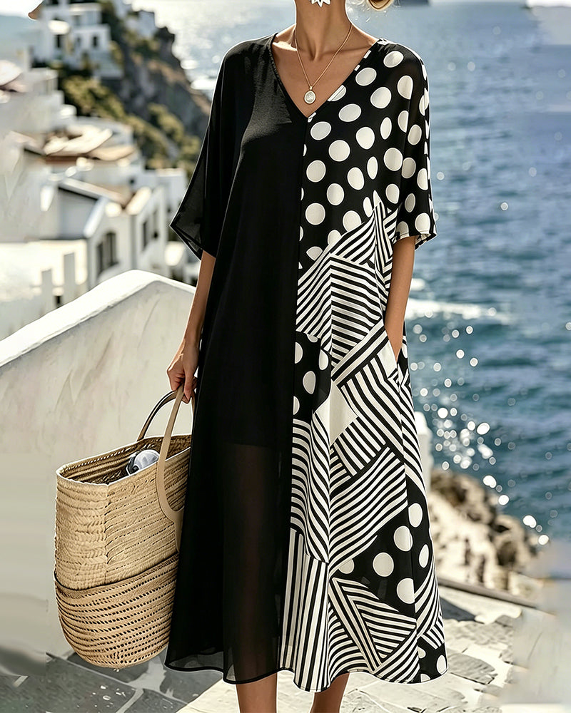 Jurk V-Hals Polka Dot Streep Patchwork