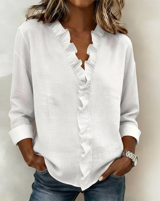 Blouse Ruffle V-Hals Lange Mouw