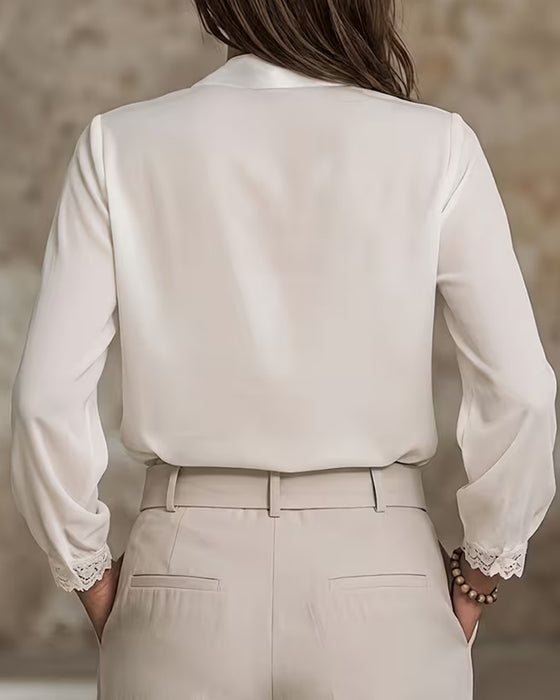 Blouse Effen Rolkraag Kant Lange Mouwen