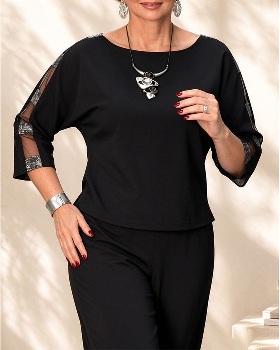 Blouse Ronde Hals Sheer Driekwart Mouw