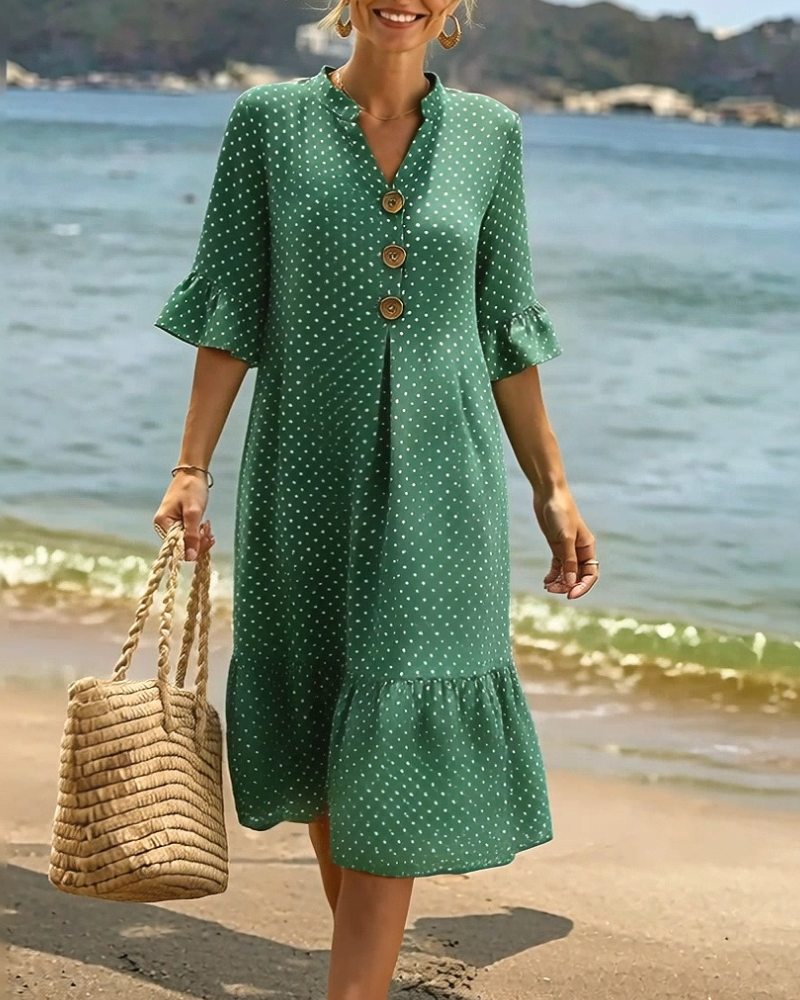 Jurk Polka Dot V-Hals Geruwde Mouw