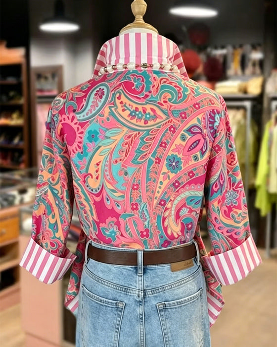 Blouse Patchwork Bloemen Afdruk Casual