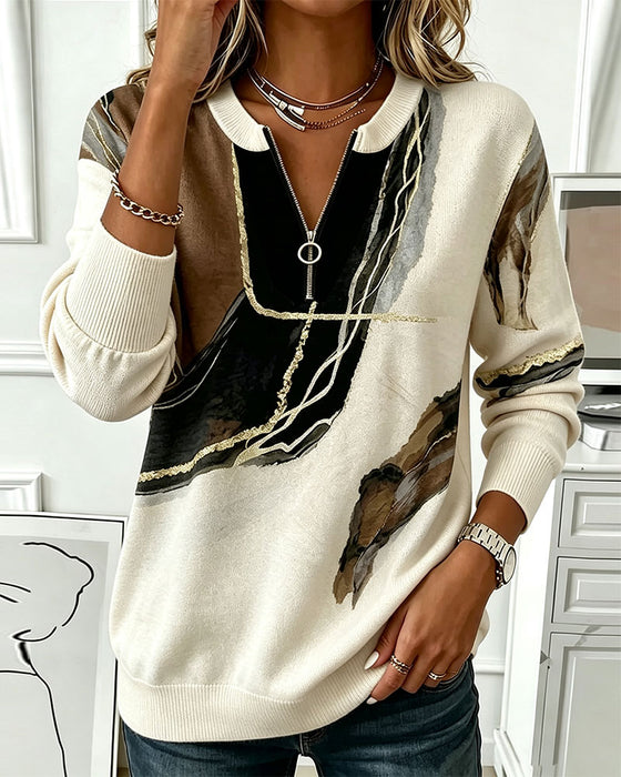 Sweatshirt Ronde Hals Bedrukt Half-Zip