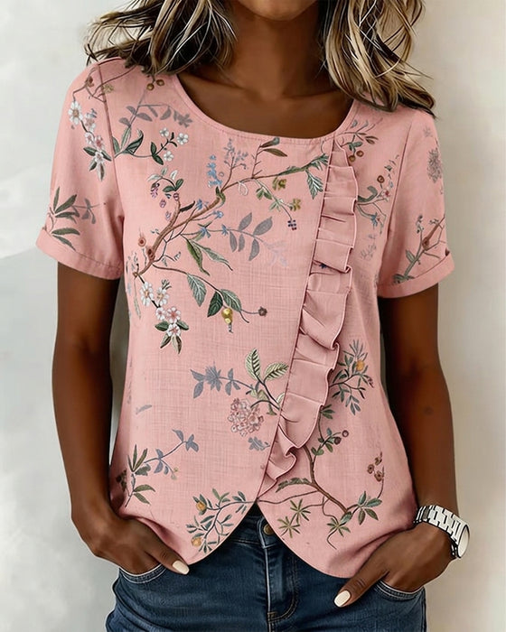 Blouse Ronde Hals Korte Mouw Ruche Bloemen