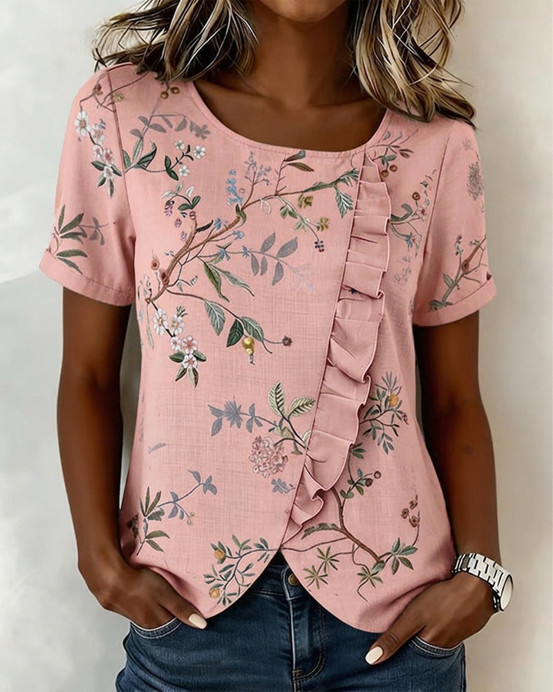 Blouse Ronde Hals Korte Mouw Ruche Bloemen