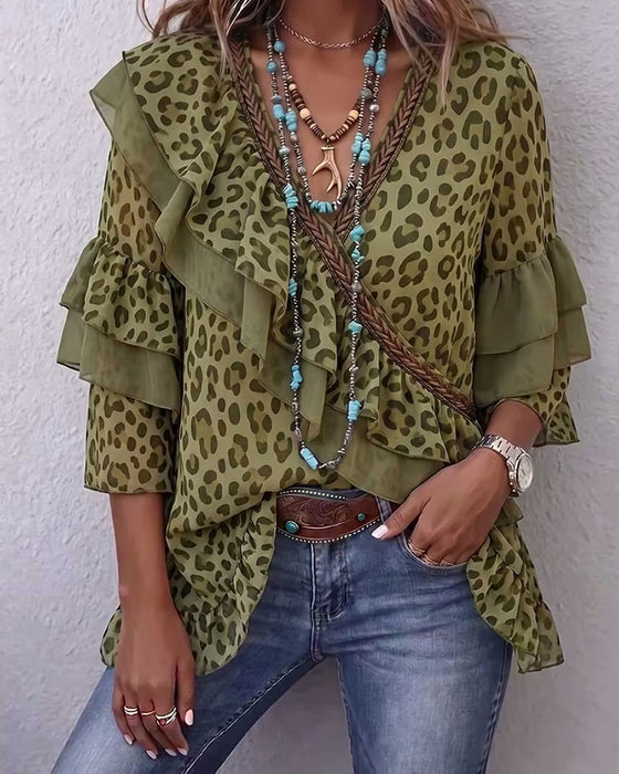 Blouse V-Hals Ruffle Luipaard