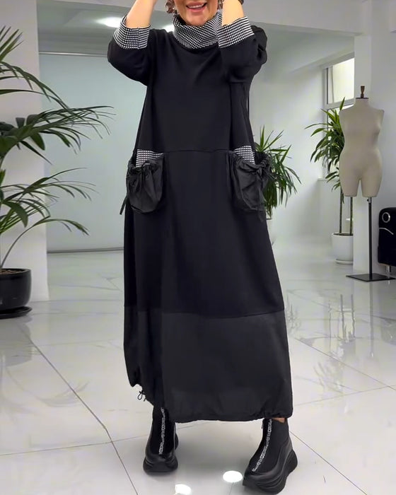 Casual geruite patchwork jurk met hoge kraag en zak