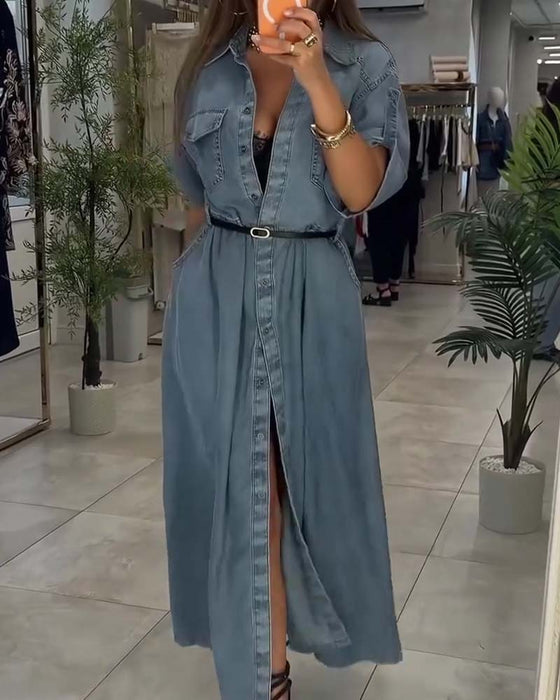 Jurk Shirt Kraag Zak Knoop Denim