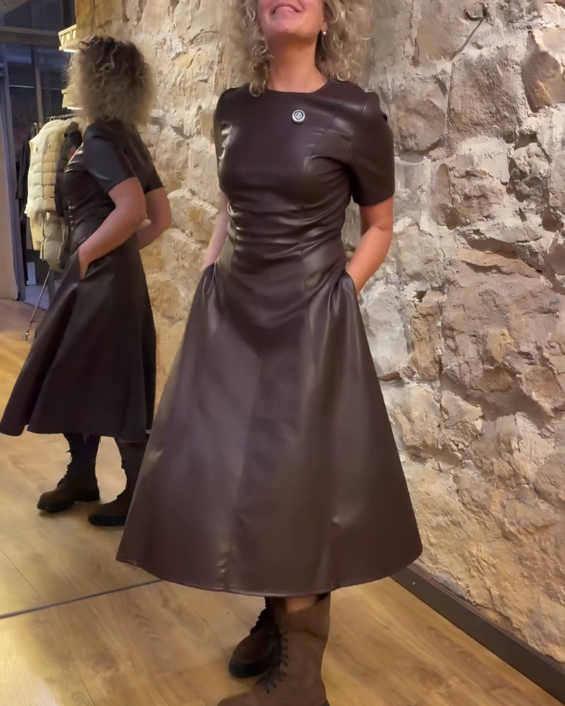 Jurk Pu Leren Getailleerd Korte Mouwen