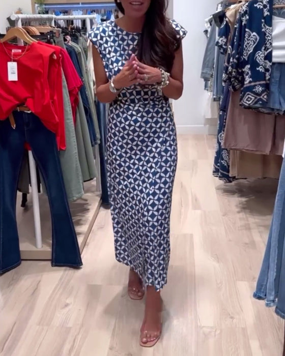Mouwloze, elegante jurk met geometrische print en ronde hals
