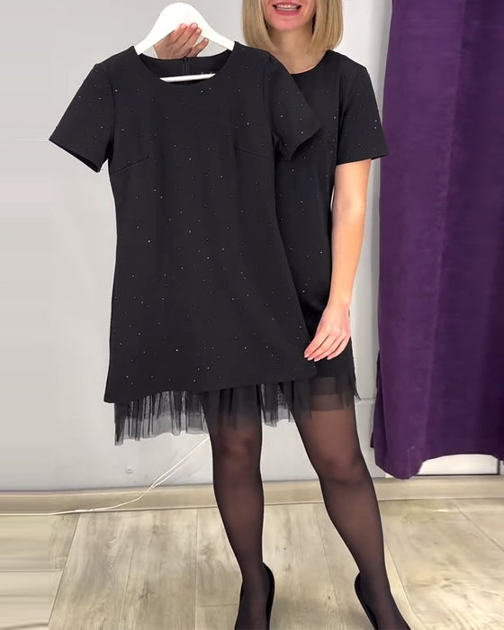 Kortarmige Rhinestone Patchwork Jurk