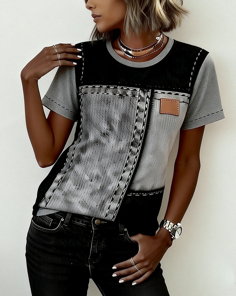 T-Shirt Color-Block Inzet Ronde Hals Korte Mouw