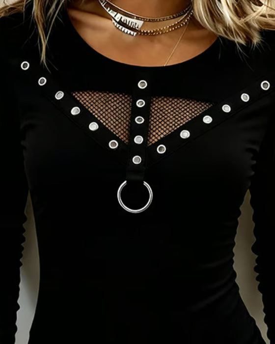 Blouse Ronde Hals Kant Paneel Uitsnede Metalen Ring