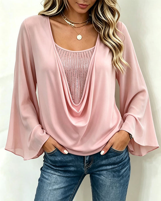 Top Gedrapeerde Kraag Nep Twee-Delig Flare Mouw