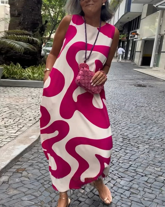 Ronde Hals Mouwloze Jurk Met Geometrische Print