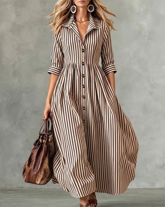Jurk Overhemdkraag Taille Gestreept