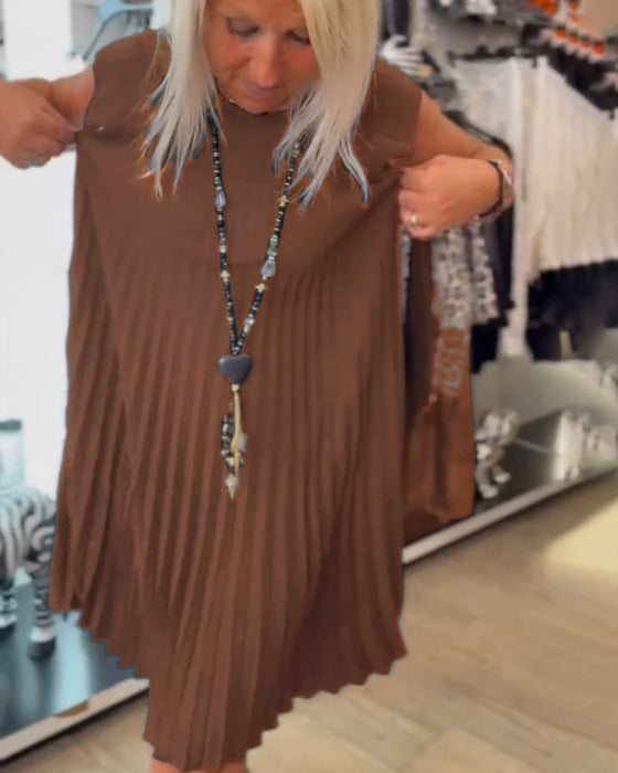 Ronde hals effen plooi casual jurk