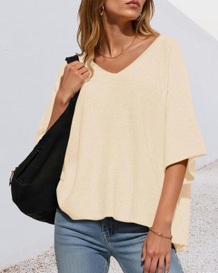 T-Shirt V-Hals Vleermuis Mouw Effen